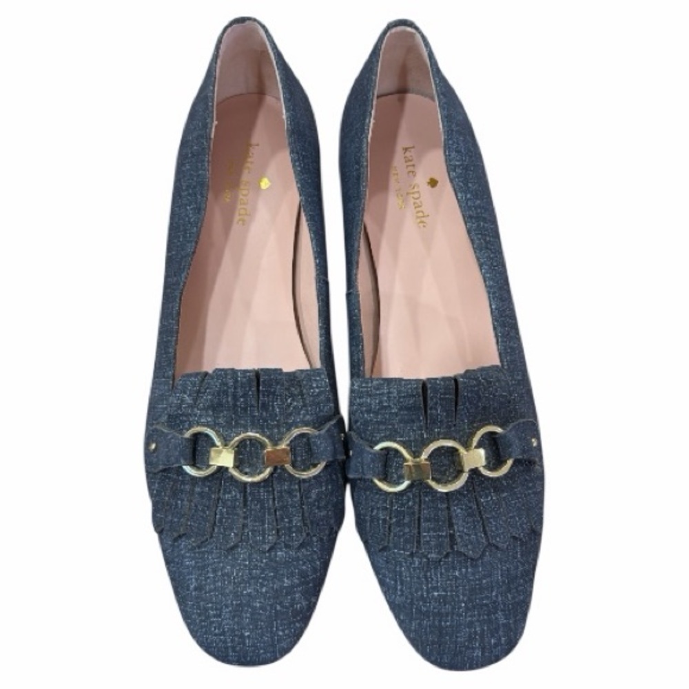 Kate Spade Caddy Denim Kiltie Loafers with Gold Chain Hardware Size 8.5 - Picture 4 of 9